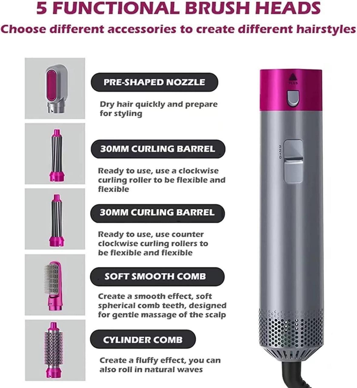 5 in 1 Multifunctional WavePro™ Hair Dryer Styling Tool, Detachable 5-in-1 Multi-Head Hot Air Comb, The Negative Ion Automatic Suction Hair Curler
